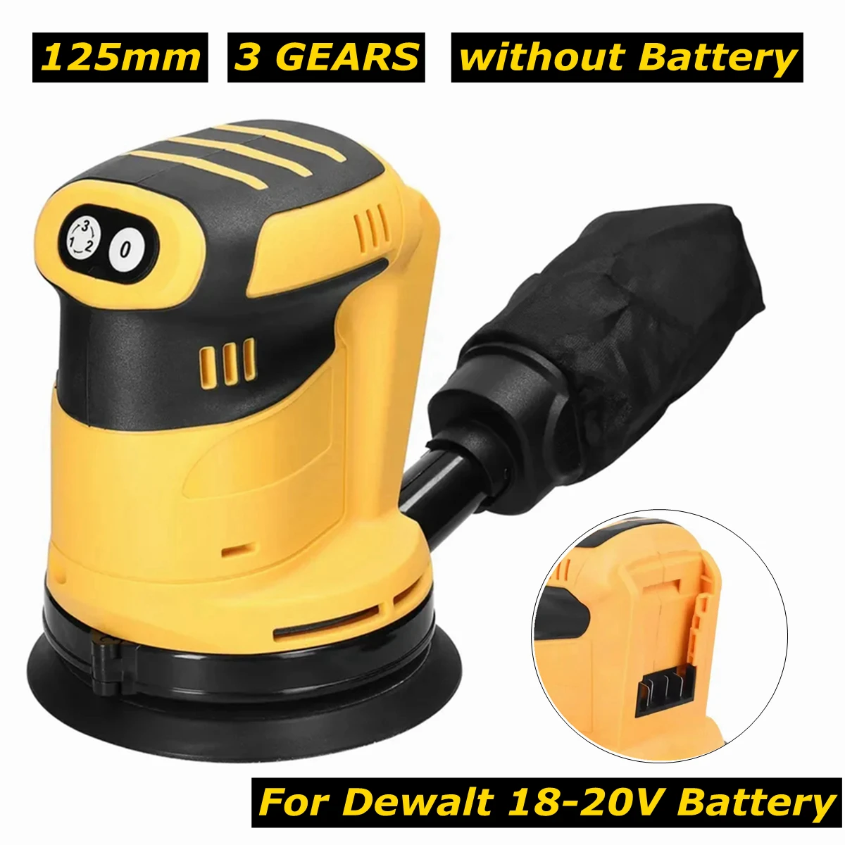 3 Speeds 125mm Electric Sander Cordless Wood Grinder Polishing Grinding Machine with Sandpaper for Dewalt 18-20V Battery