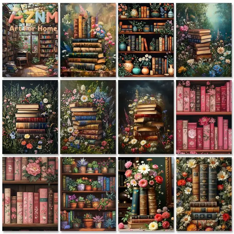 AZNM Vintage Books Floral Canvas Wall Art, Old Book Stack Wildflower Library Oil Painting Print, Study Room Office Home Decor, U