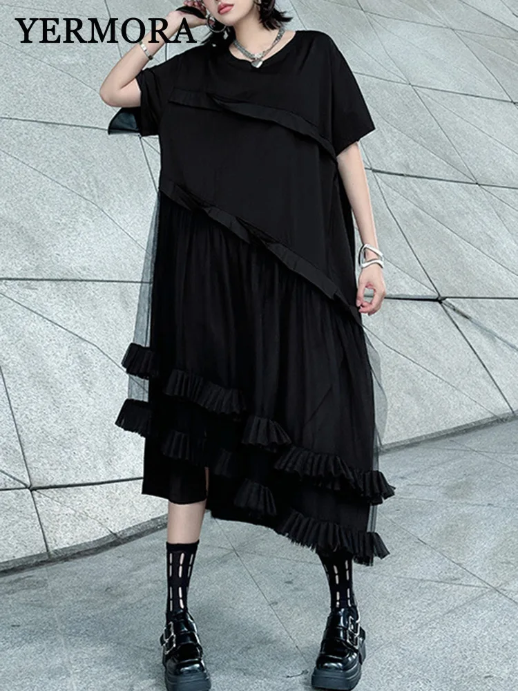 

YERMORA Women Black Asymmetric Spliced Mesh Big Size Casual Dress O-neck Short Sleeve Loose New Fashion Tide Spring Summer 2025
