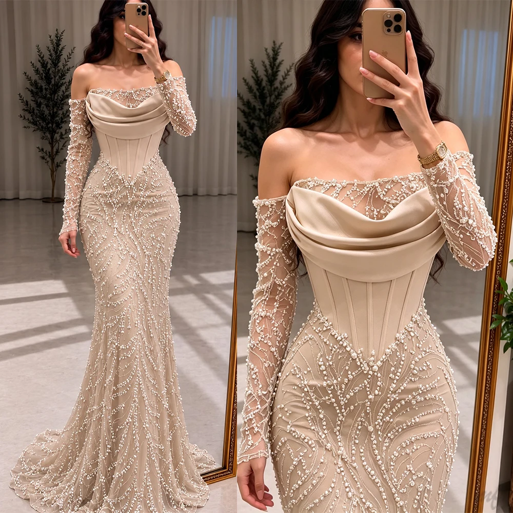 Graceful Mermaid Prom Dresses Strapless Beaded Pearls Fishbones Graduation Night Gowns Customized Evening Dress فساتين سهرة
