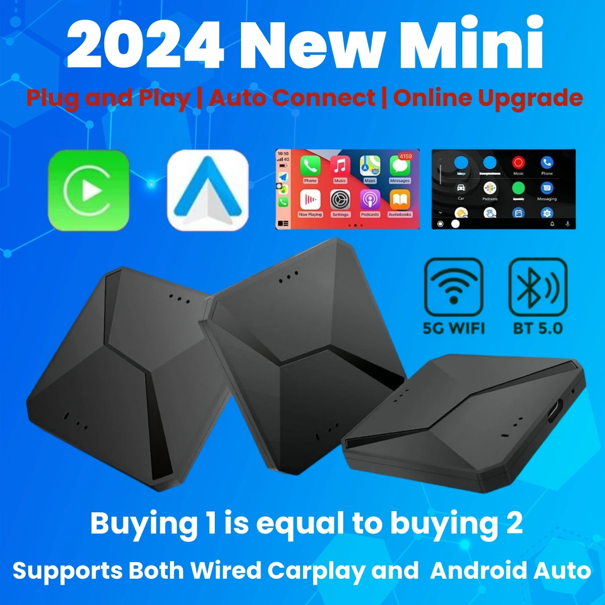 

NEW 2 in 1 Mini AI Box Wired to Wireless Carplay & Android Auto Compatible with 99% of Cars Plug and Play Smart Dongle