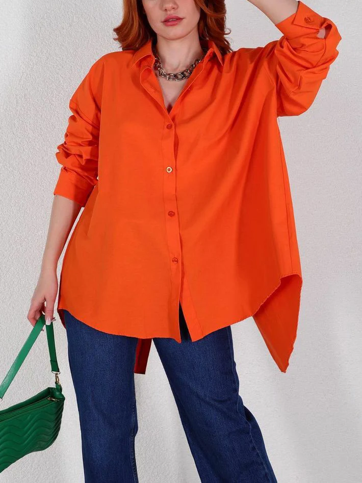 Camisa de algodón de gran tamaño con abertura trasera para mujer, blusa naranja holgada y elegante con botones, Top de manga larga, Otoño, 2023