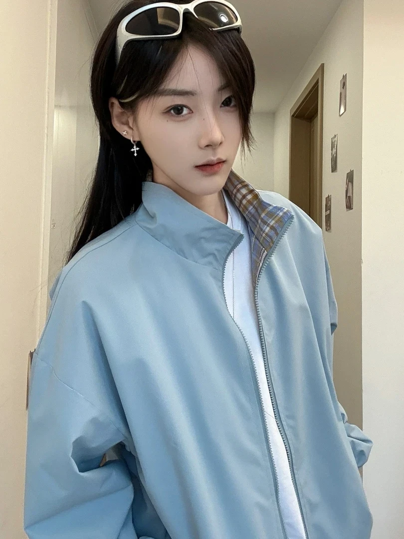 

American Plaid Splicing Jaet Men's Spring Unlined Stand Collar Baseball orm ort Casual Sports Coat Youth Faion