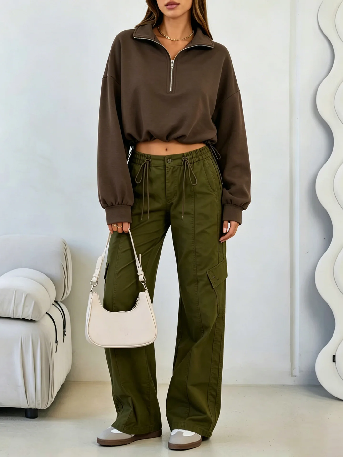 Women Half Zip Sweatshirt Cropped Pullover Oversized Long Sleeve Drawstring Hem Hoodie Y2K Athletic Sportswear