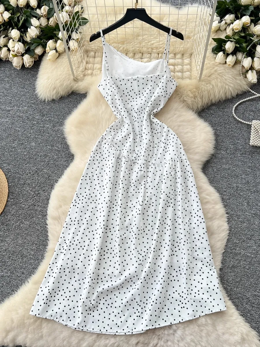 Foamlina Polka Dot skośna sukienka na ramiączkach damska 2025 letnia francuska talia cienka, temperamentna sukienki wakacyjne