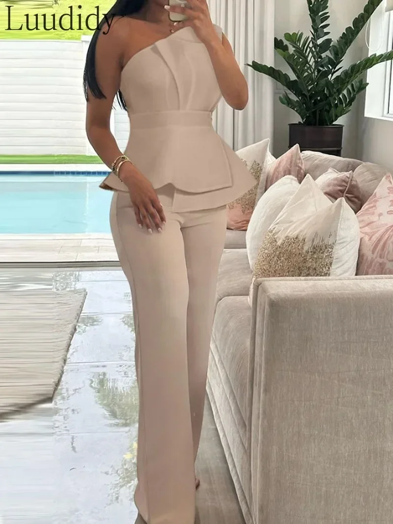 

Solid Color Sleeveless One Shoulder Ruffle Trim Tank Top & High Waist Flare Leg Pants 2 Piece Set