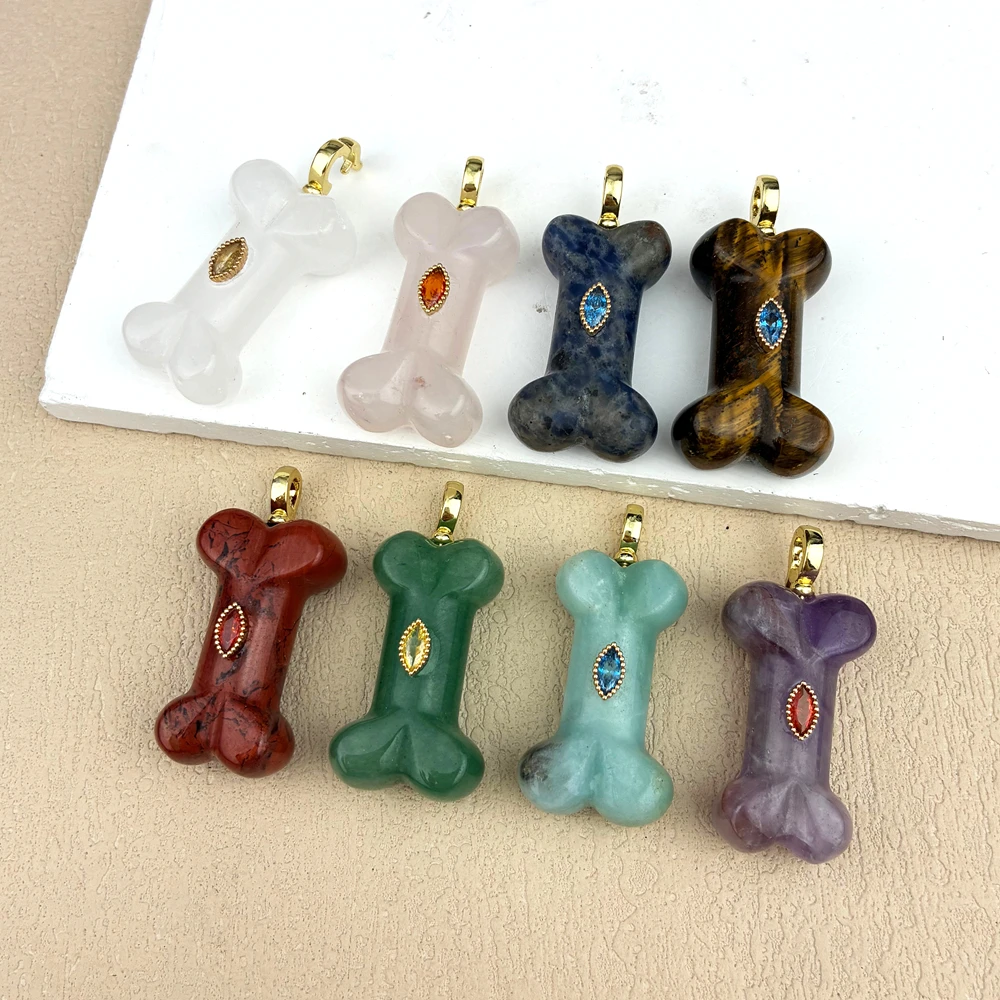 Natural Stone  Amethyst Tigers Eye Carved Crystal Cute Bones Pendant with Zircon for Necklace Accessories