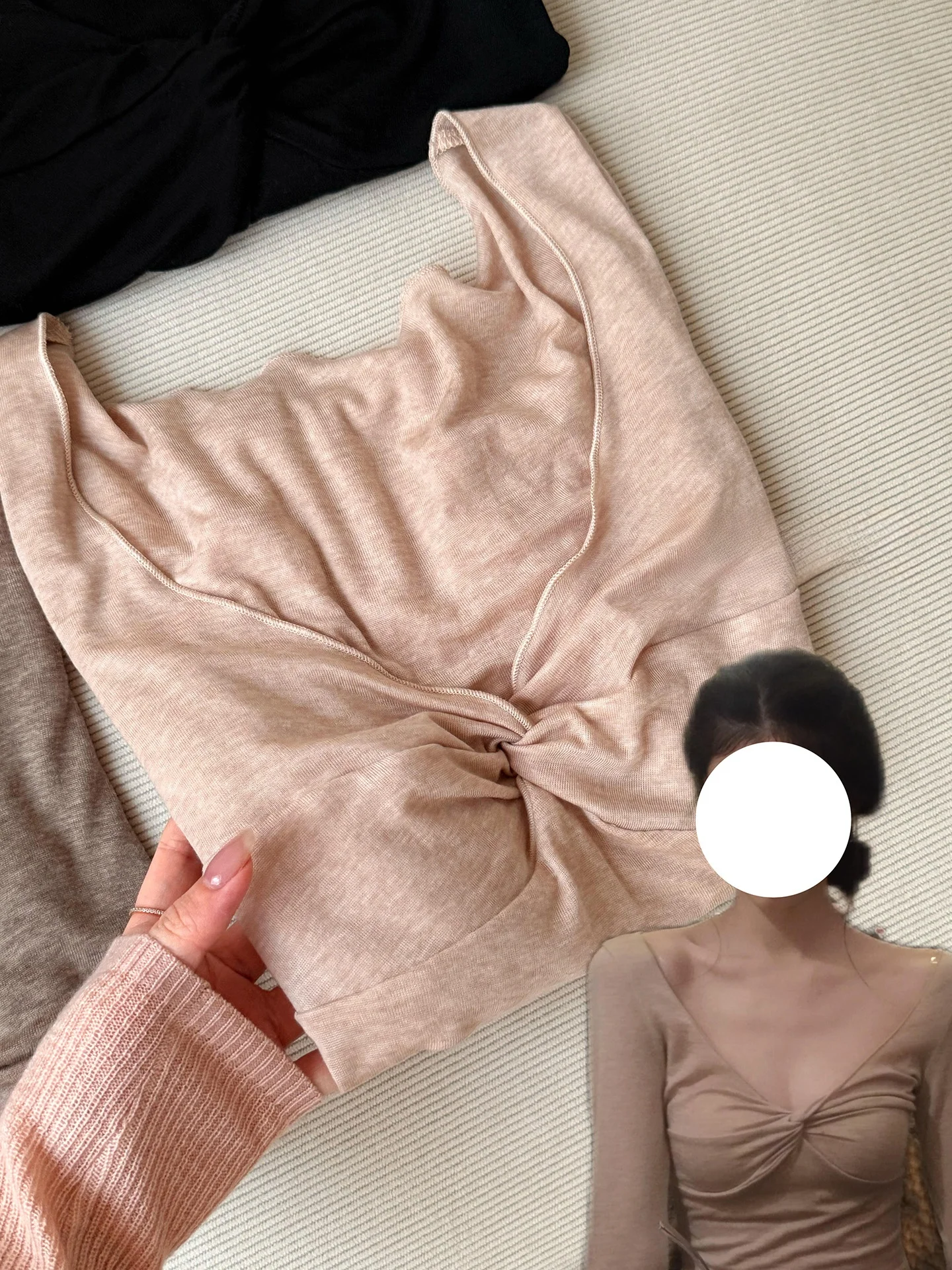 슬림핏 롱 슬리브 티셔츠 여성용 V넥 매듭 캐주얼 슬림핏 라이트 컬러 섹시 베이스 티셔츠 탑 하이웨이스트 디자인 편안함