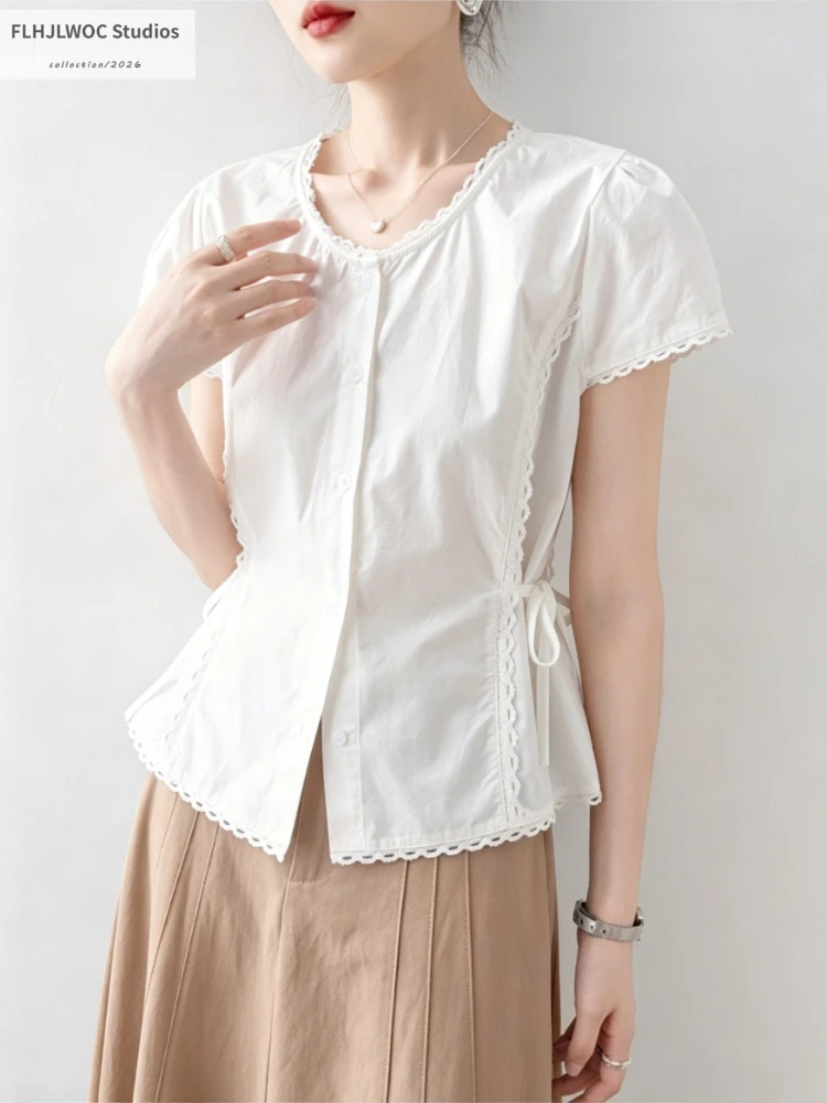 

Ruffles White Lace Tops Blouses 2026 Summer Cute Girls Japanese Style Short Sleeve Casual Shirring Waist Peplum White Shirts