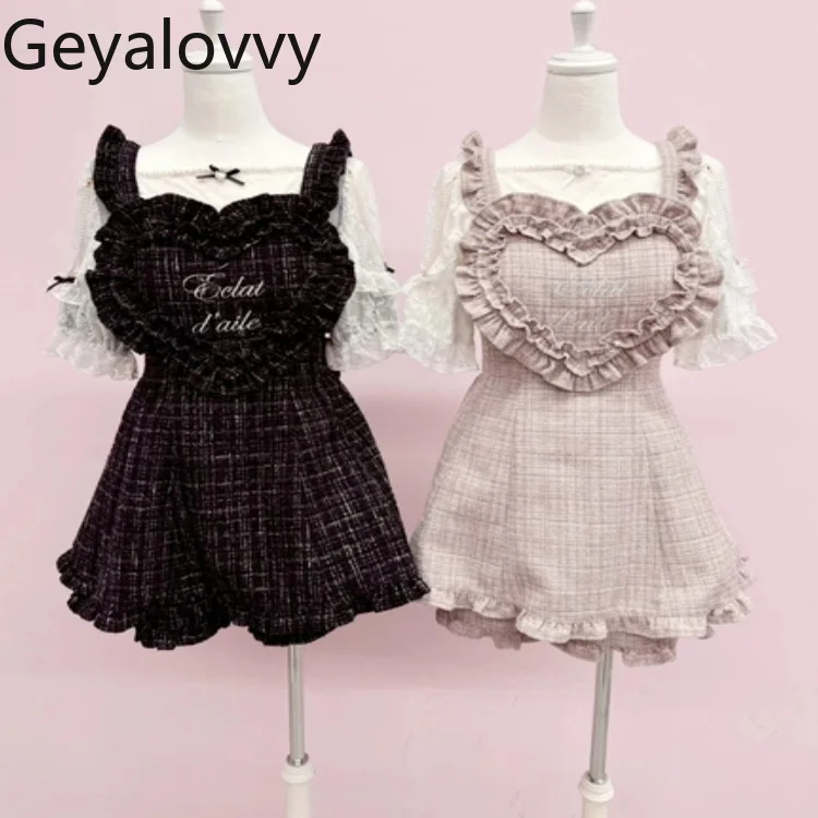 

Японский стиль. Платье без рукавов и короткий костюм, твидовые клетчатые комплекты из двух предметов с вышивкой в виде сердца для женщин, милые и милые