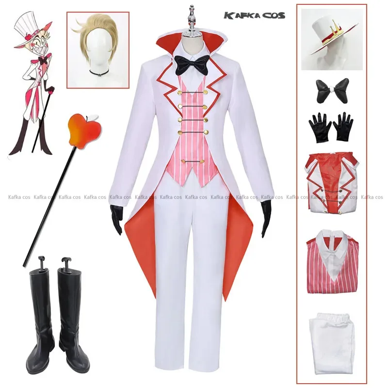 

Hazbin Cos Hotel Lucifer Cosplay Costume White Suit Devil Full Set Jacket Vest Pants Wig Shoes Halloween Birthday Party Props