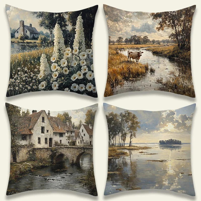 Vintage Country Landscape Throw Pillow Covers, Oil Painting Style Cottage River Print Cushion Cases, Rustic Farmhouse Decor