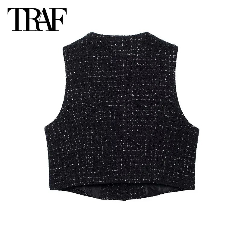 TRAF Black Cropped Vest capispalla 2024 donna estate autunno elegante canotta Top donna moda senza maniche gilet corto