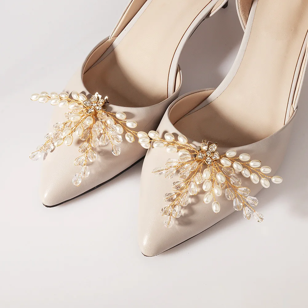 

Personalized wedding dress shoe accessories flower high-end rhinestone pearl shoe buckle hand-woven detachable shoe decoration