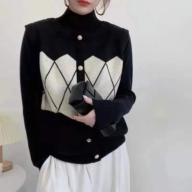 

f-High Collar Knitted Sweater Pearl Button Loose Long Sve Diamond Pattern Camere Autumn Winter Vintage Slimming Sle