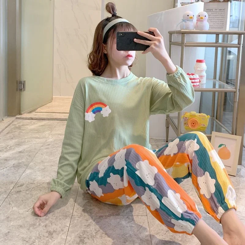 

Spring and Autumn Pullover Long-sleeved Trousers Rainbow Set Fallow Loungewear in The Winter Cotton Pajamas Female New Style