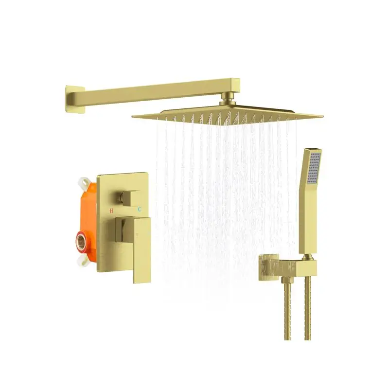 مجموعة كومبو لنظام دش الأمطار مع رأس دش مقاس 12 بوصة وصنبور محمول، لمسة نهائية ذهبية مصقولة، صمام نحاسي خشن #1