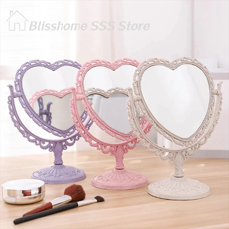 【S】Heart Shaped Makeup Mirror Vintage European Style Acrylic Single Side Makeup Mirror 360 Degree Swivel Desktop Makeup
