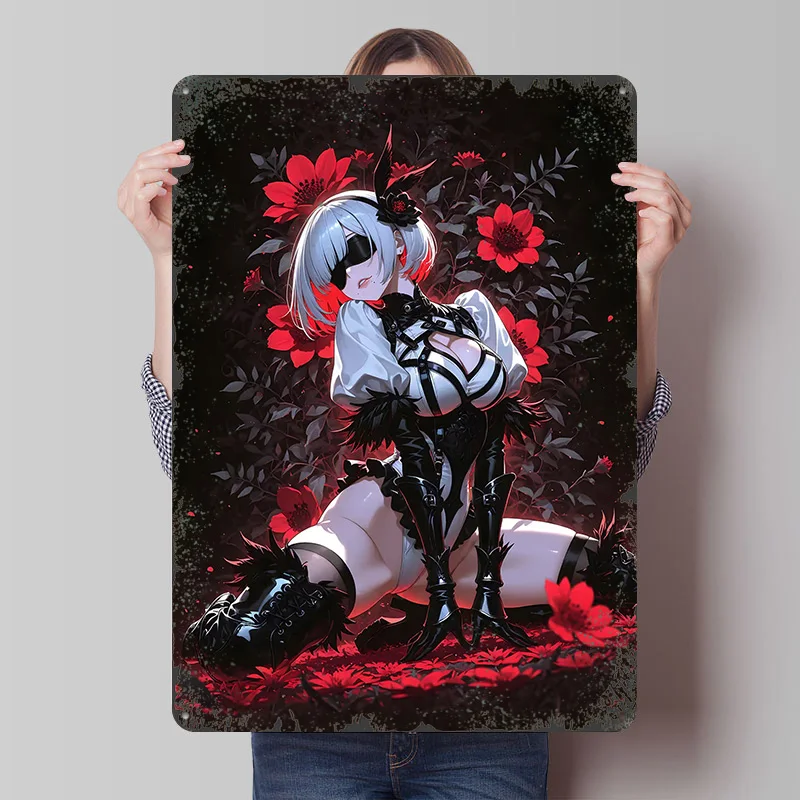 Anime Girl in Red Floral Setting Tin Plaque Poster Customized Wall Art Retro Vintage Metal Signs for Man Cave Home Decorations