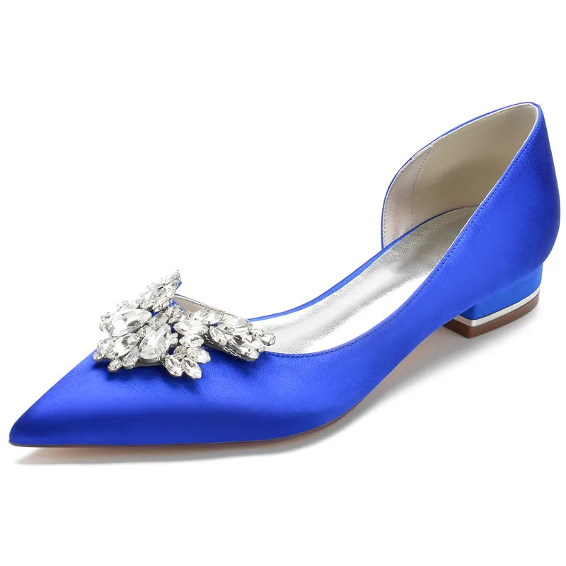 Satin Rhinestones Wedding Flats Shoes for Bride Pointed Toe Slip on Formal Evening Bridal Party Flat Sandals Women