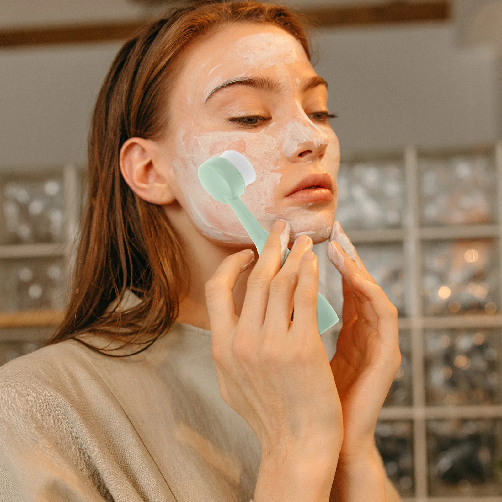 Escova de limpeza facial macia natural cabelo rosto esfoliante tamanho de viagem alça ergonômica multi-uso ferramenta de cuidados com a pele para