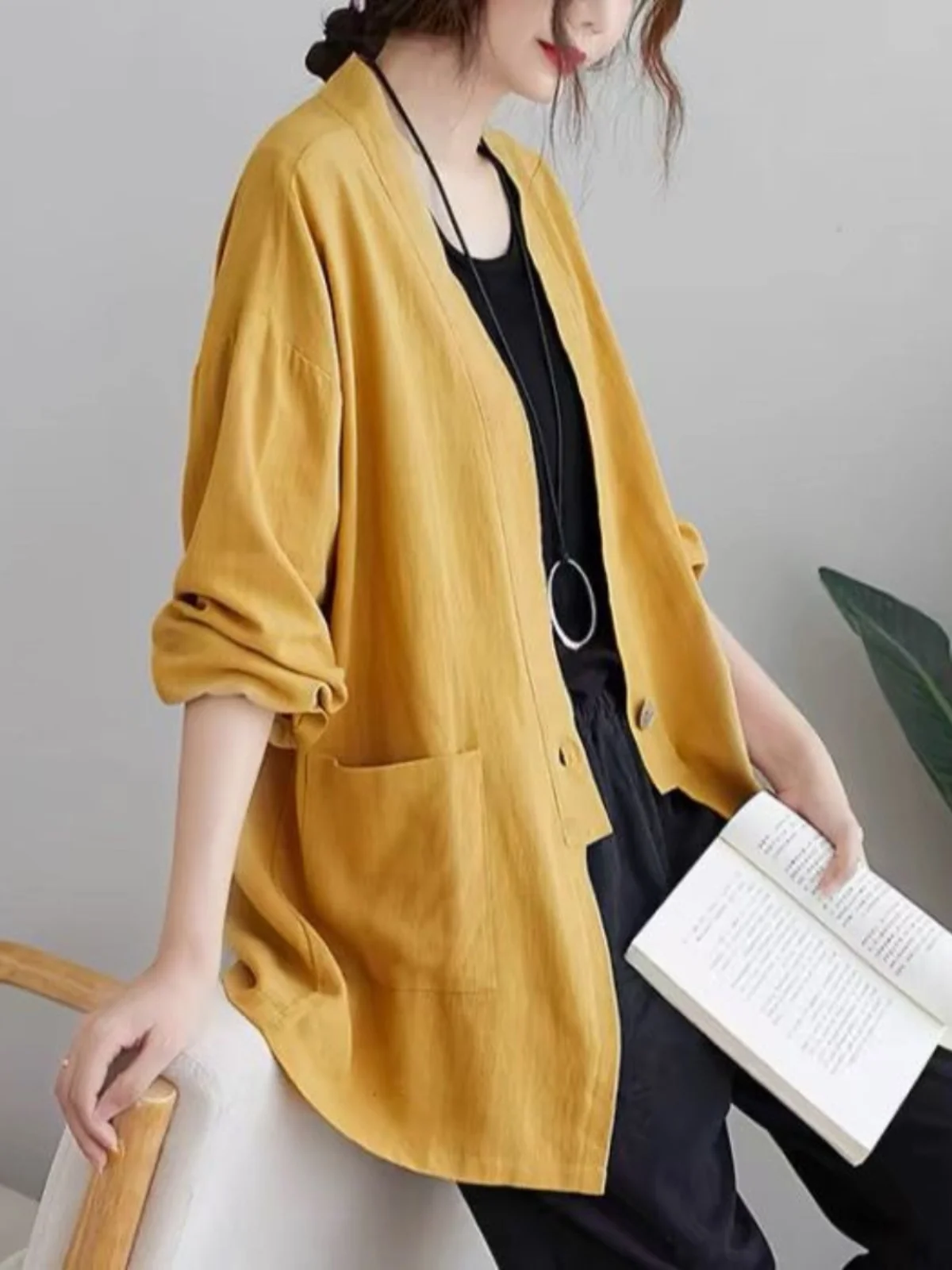 

Женская хлопково-льняная куртка свободного покроя Long Sve Vintage Sle, утягивающая тонкая верхняя одежда средней длины, весна-осень, новое поступление