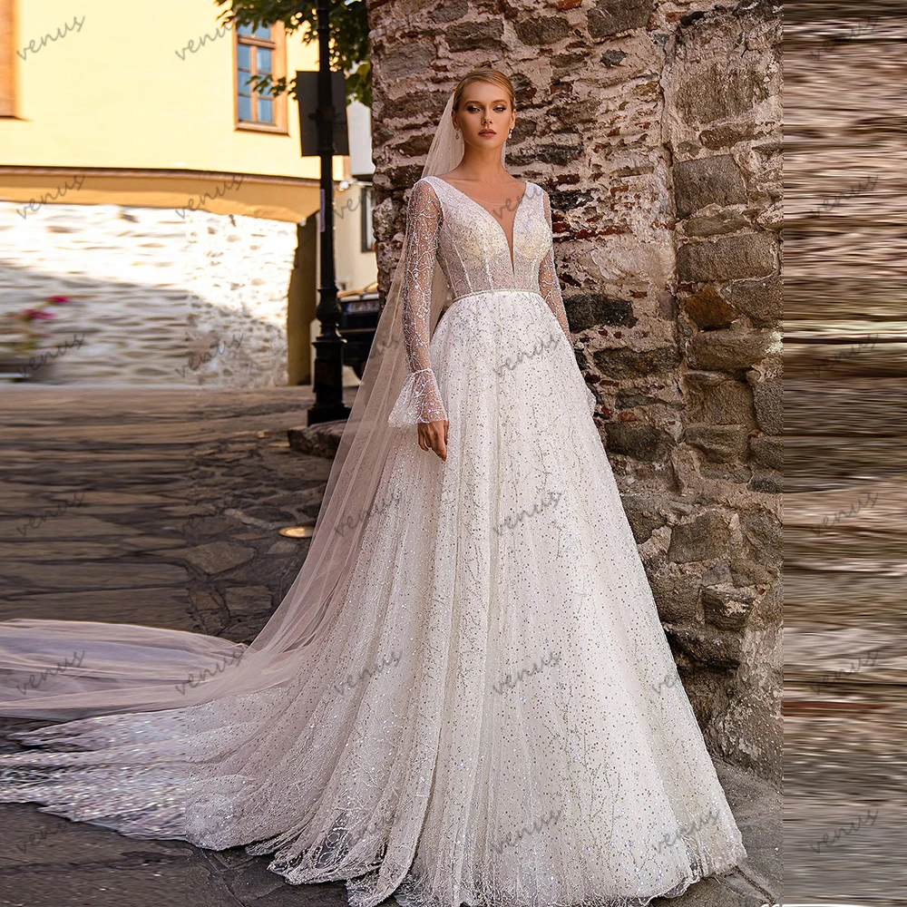 

Glitter Wedding Dresses A Line Gorgeous Bridal Gowns Lace Appliques Full Sleeves Robes Glamorous Vestidos De Novia Customized