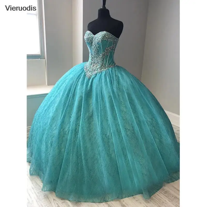 فساتين Quincea?era باللون الوردي اللامع والأزرق الحلو 16 مطرز بالترتر بدون أكمام فيستدو دي 15 Anos Quinceanera 2021 #2