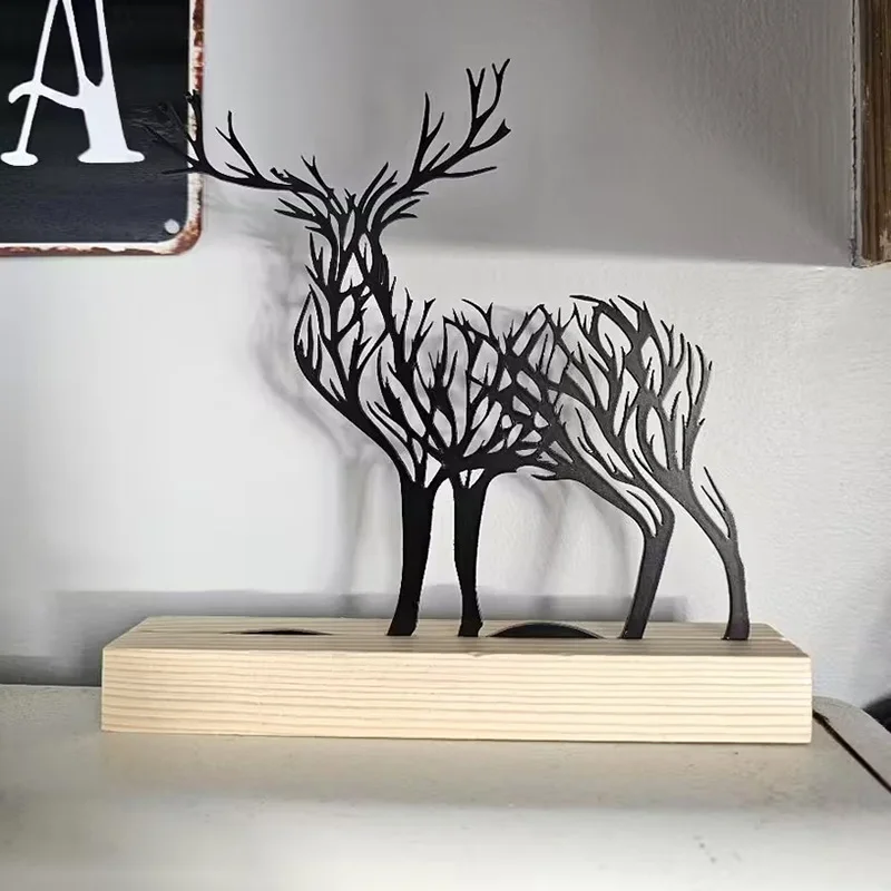 Stylish iron deer with wooden base. Perfect for office desks, living room decorations, etc. Ideal gift for holidays
