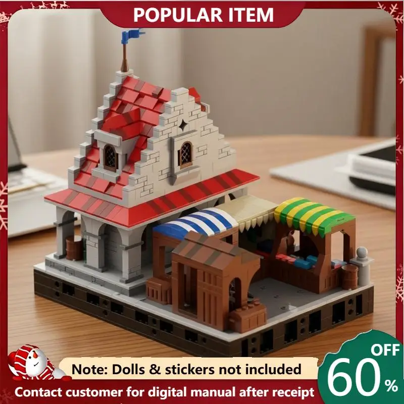 1455PCS MOC Medieval European Town Marketplace Scene Building Model Colorful Stall Diorama DIY Assembly Blocks Desktop Ornament