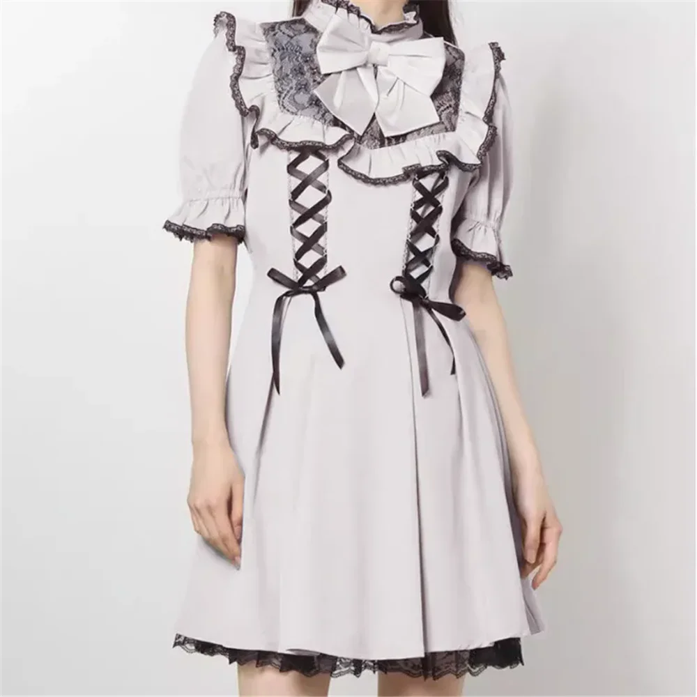 Lolita Ribbon Party Dress Women Japan Sweet Goth Kawaii Bow Lace Ruffles Bandage Y2k Mini Dresses Vintage Cute Puff Sleeve Dress