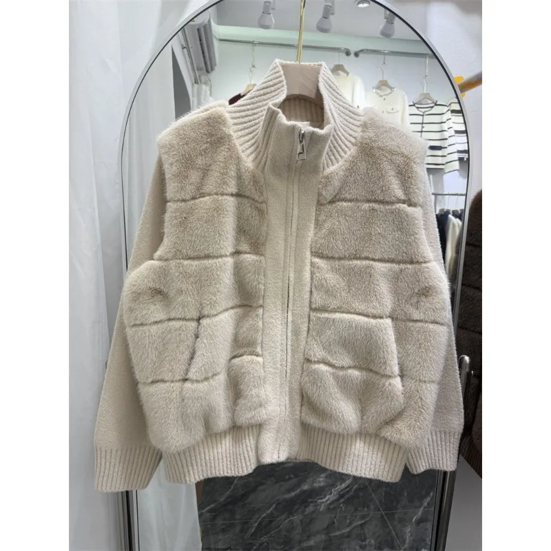 Women's Autumn Winter Tops Jackets Knitwear Patchwork Faux Fur Stand Collar Designer Style Fleece-Lined Thickened Casual Fit New