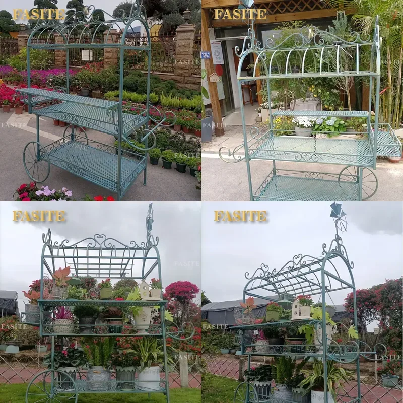 For Villa Courtyard Two Tier Flower Stand Cart Large Outdoor Garden Terrace Plant Display Rack Durable Metal Storage Shelf