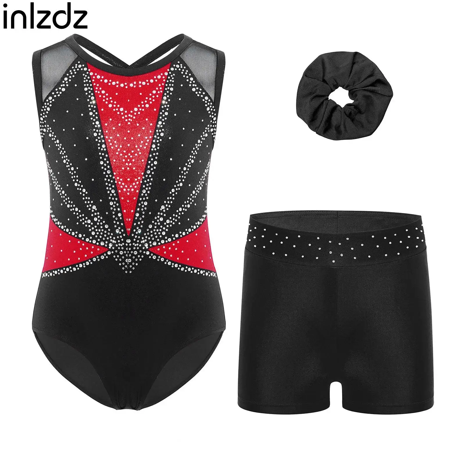 

Kids Girls Athletic Gymnastics Leotard Ballet Dance Bodysuit+Shorts+Hairband Rhinestones Dancewear Set for Figure Ice Skating