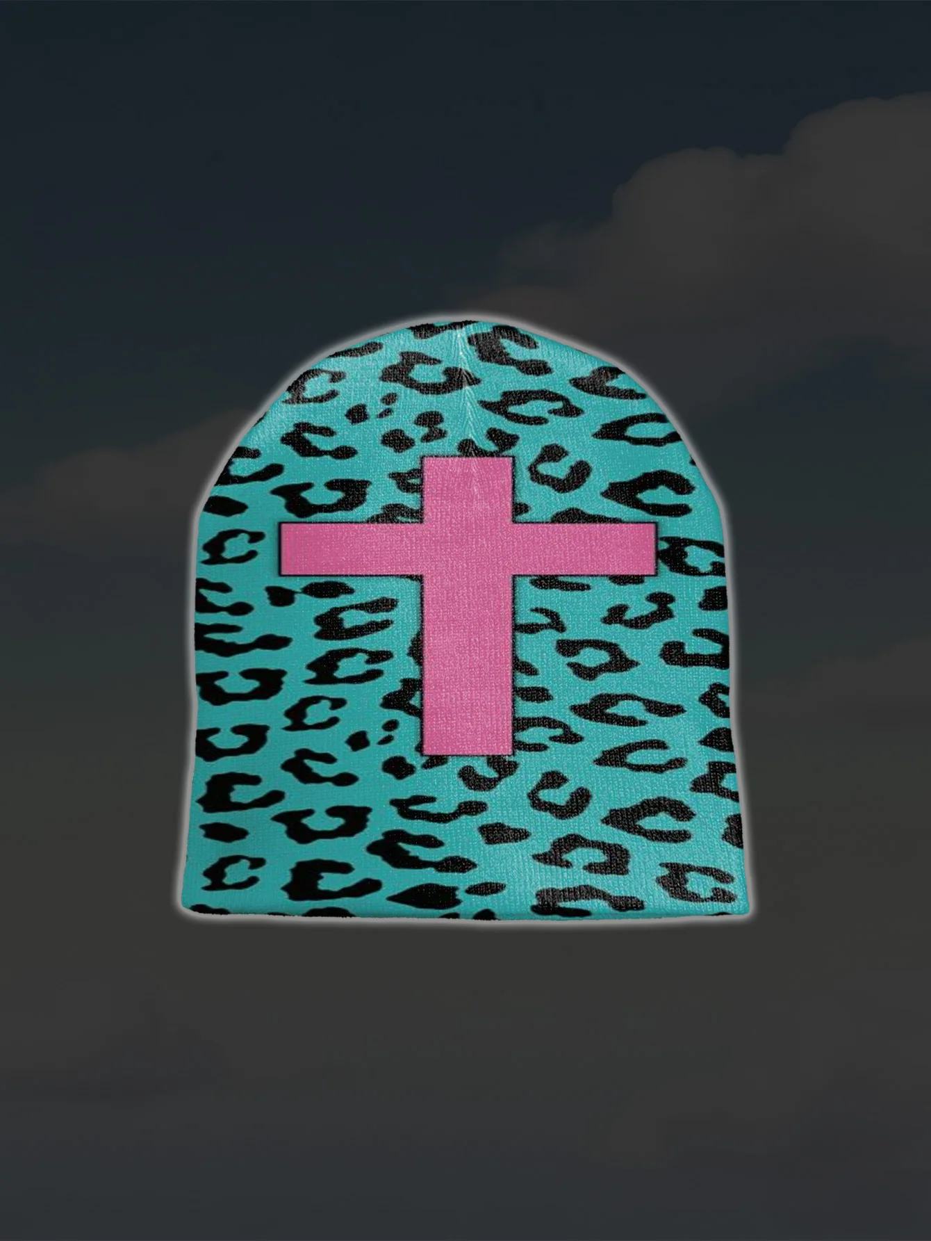 Unisex Turquoise Leopard Print Beanie with Pink Cross Patch Streetwear Hip Hop Warm Winter Hat