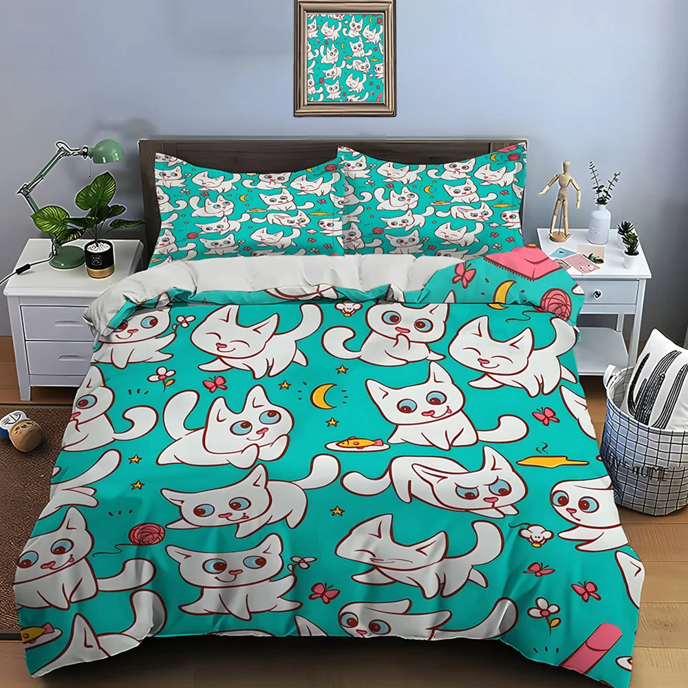 Cartoon Interesting cat pattern Bedding Set for Kids Luxury Gift 3pcs Digital Print Comforter Set Soft Comfortable Breathable