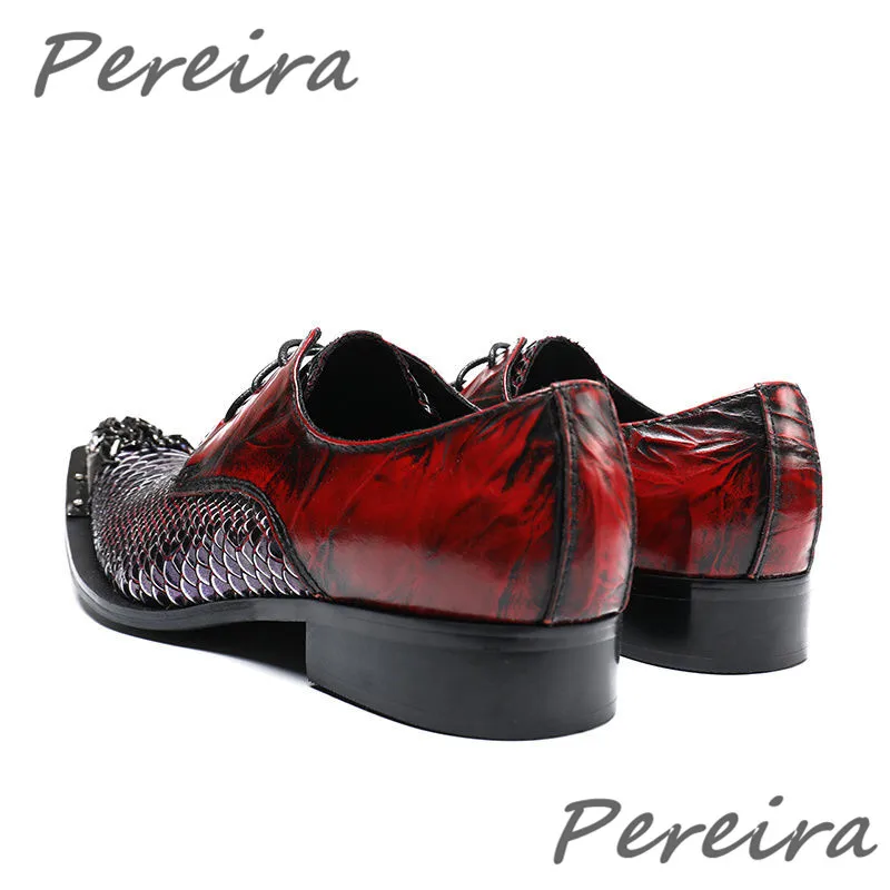 Metal Pointed Toe Snake Patterned Men\'s Shoes Wine Red Lace Up Genuine Leather Formal Shoe Fashion British Style Brogue Shoes