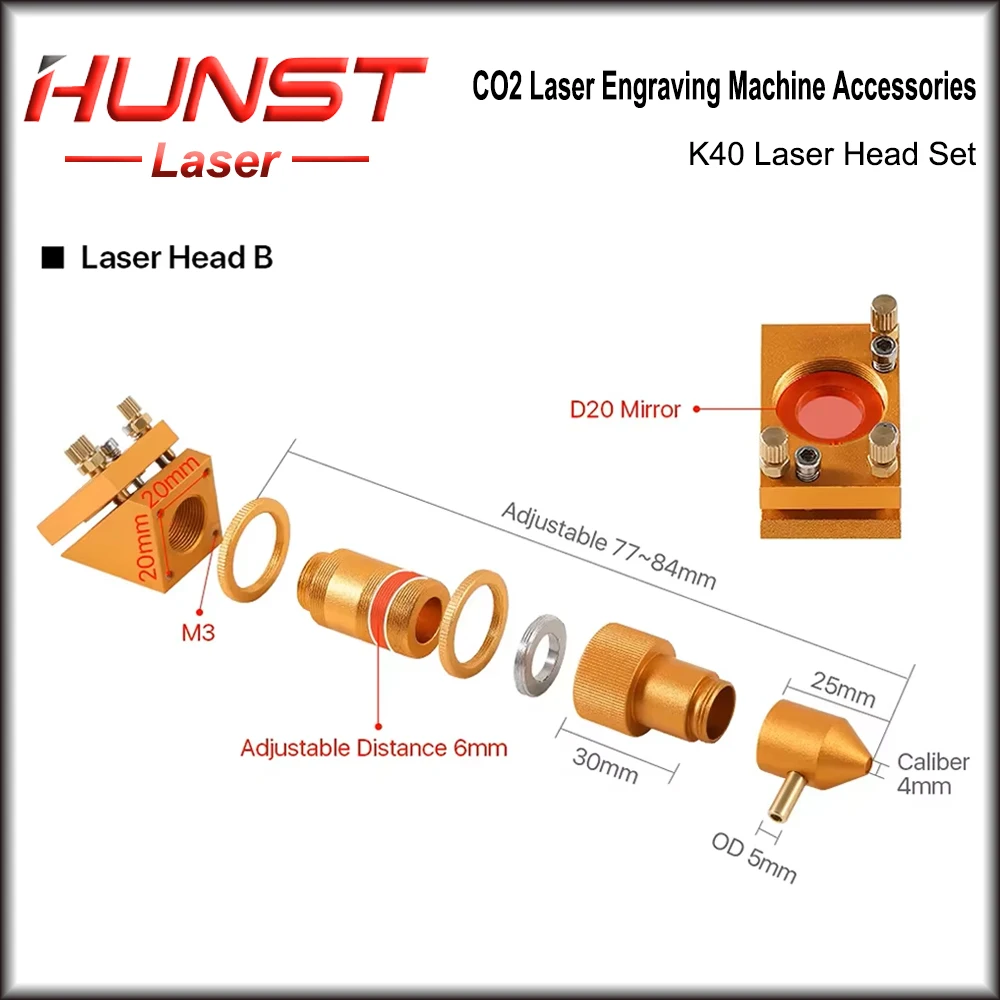 HUNST K Series CO2 مجموعة رأس الليزر Dia12 / 20mm FL:50.8mm عدسة ذهبية اللون لآلة قطع النقش بالليزر 2030 4060 K40