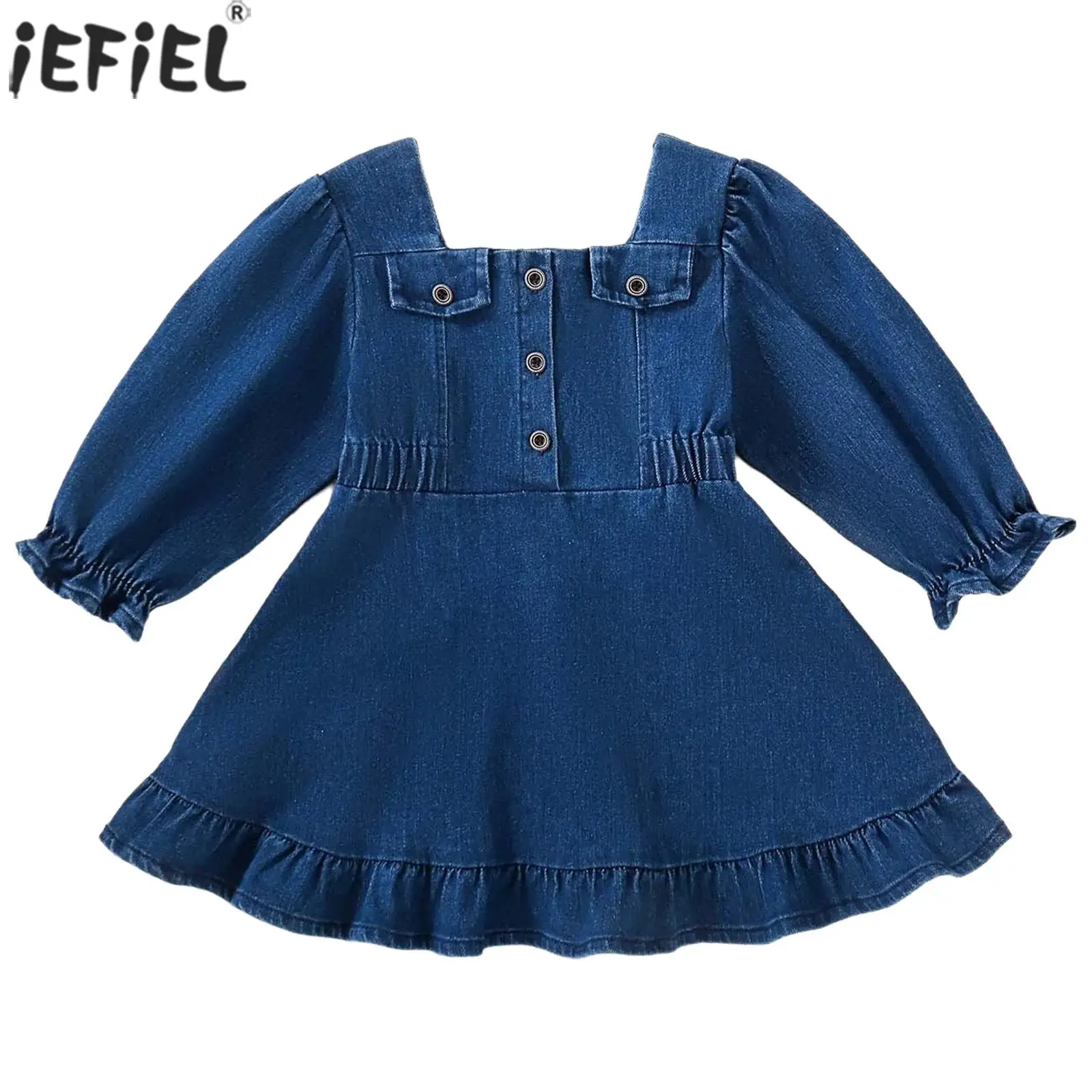 

Toddler Baby Girls Clothes Jean Dress Square Neck Long Puff Sleeves Elastic Waist Ruffled Hem Denim Dresses School Daily Wear