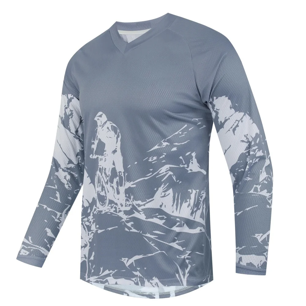 Camiseta Esportiva Masculina de Manga Longa com Estampa de Bicicleta de Montanha, Respirável, Decote em V para Ciclismo e Uso Diário