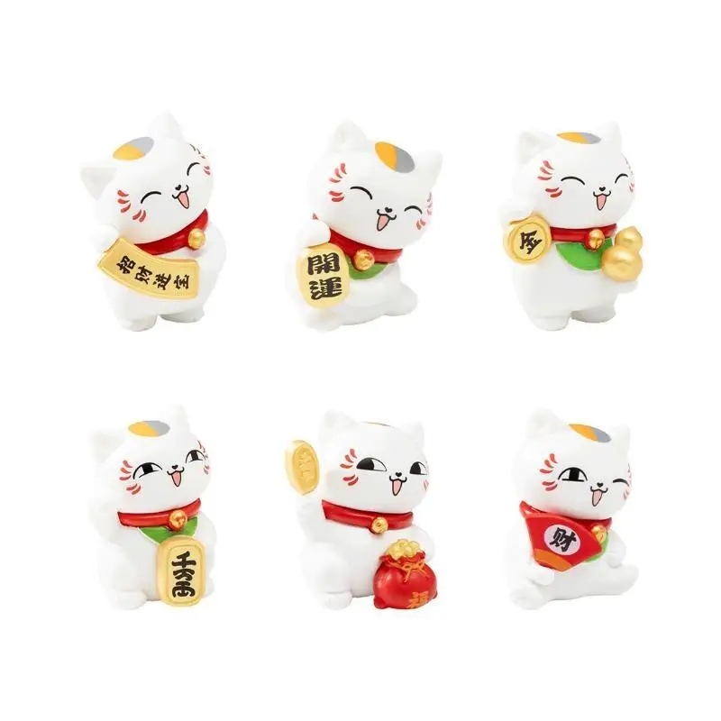 6 PCS Mini Resin Lucky Cat Figurine Set Cute Design Good Fortune Blessing Ideal For Home Office Desktop Car Decor