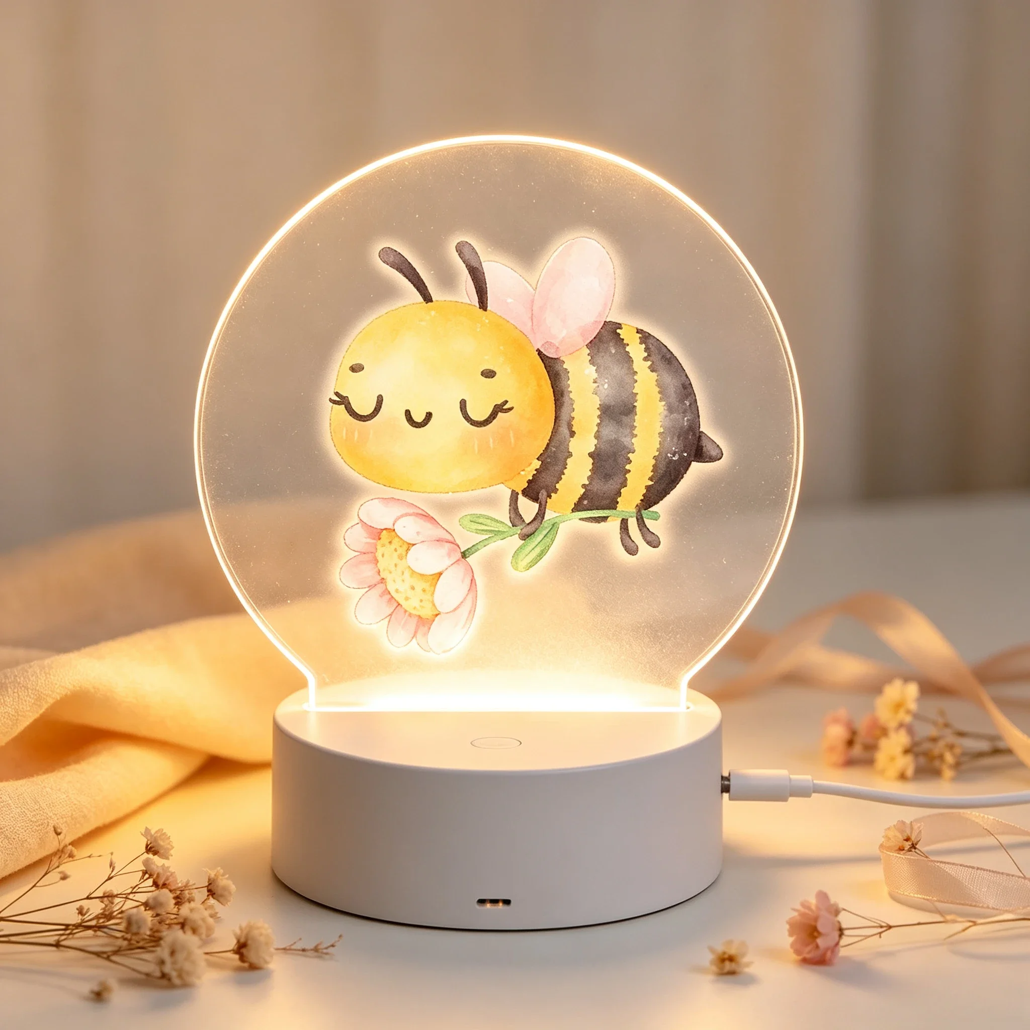 Custom Name LED Acrylic Night Light, Watercolor Cute Bee Holding Flower Pattern USB Lamp Kids Bedroom Birthday Gift