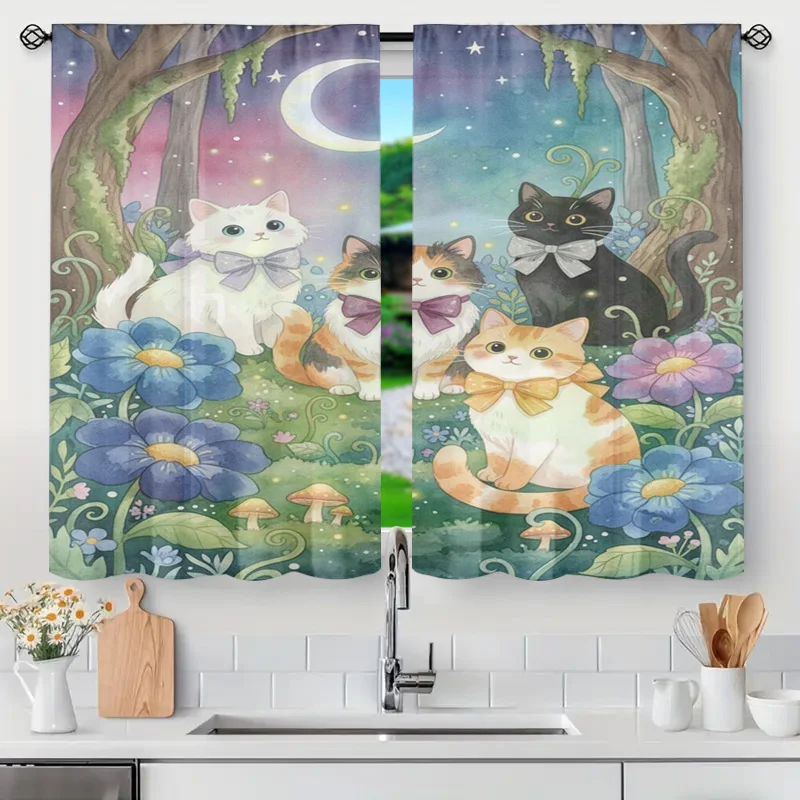 Cute Whimsical Cat Shower Curtain Woodland Night Scene Bathroom Decor Aesthetic Forest Kitten Print Curtain Rod Curtain for Home