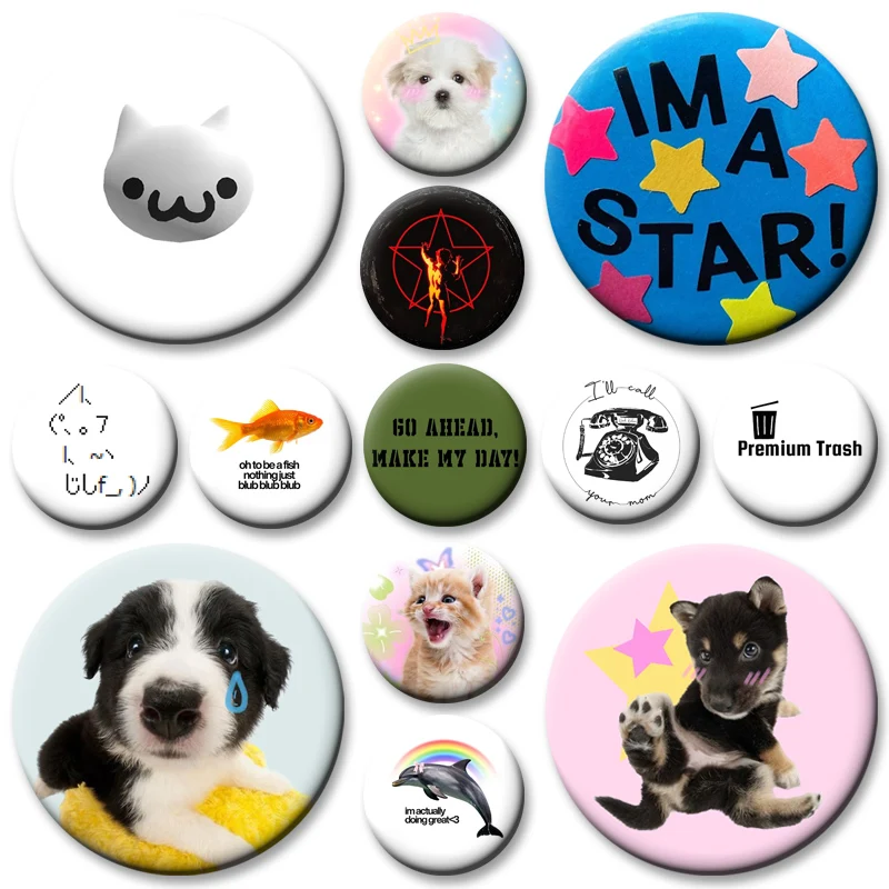Broches Redondos Criativos e Engraçados com Temas de Animais Fofos (Coelho, Cachorro), Frutiger Aero Fish e Ill Call, para Acessórios de Mochila