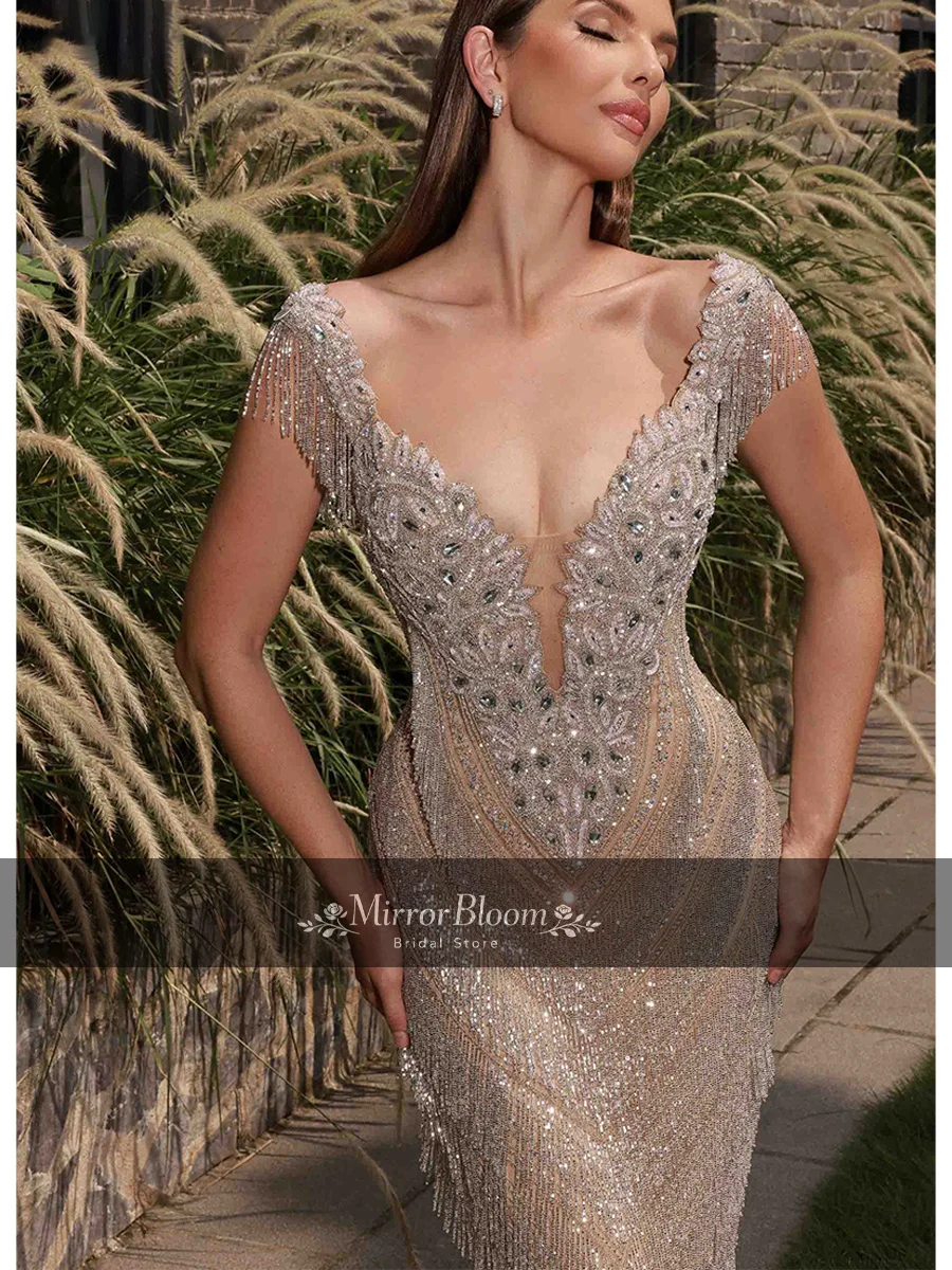

Customized Champagne Beaded Fringe Mermaid Evening Dress Luxury V-neck Sequin Formal Gown Train Prom Wedding Party Floor Length