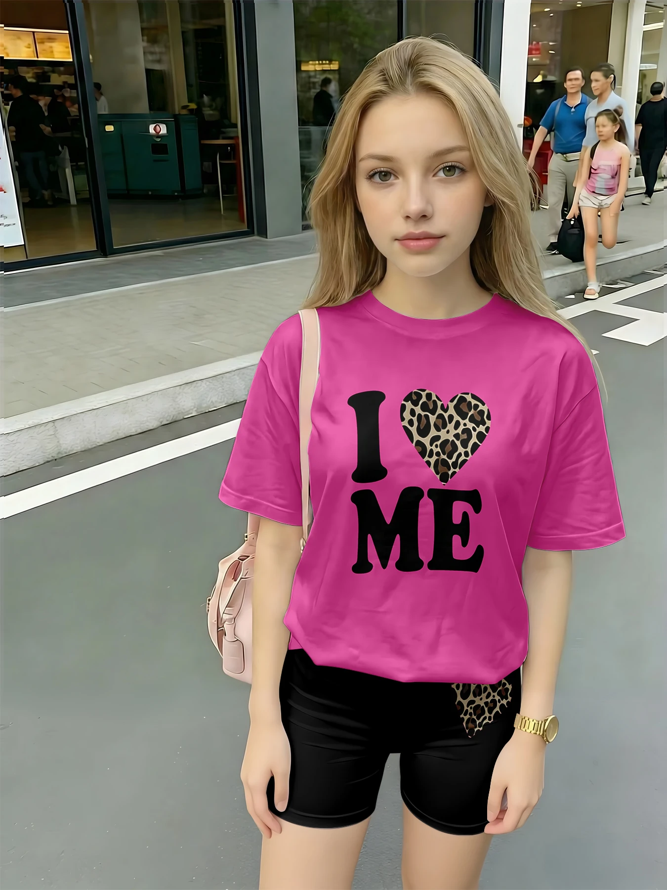 Kids I Love Me leopard print heart-shaped print casual 2-piece T-shirt and shorts suitable for birthday giving, comfortable casu