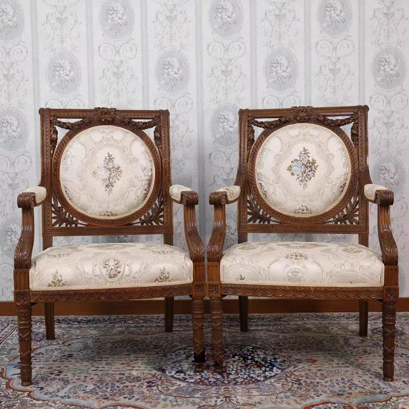 American retro old solid wood sofa French carved villa living room fabric single double