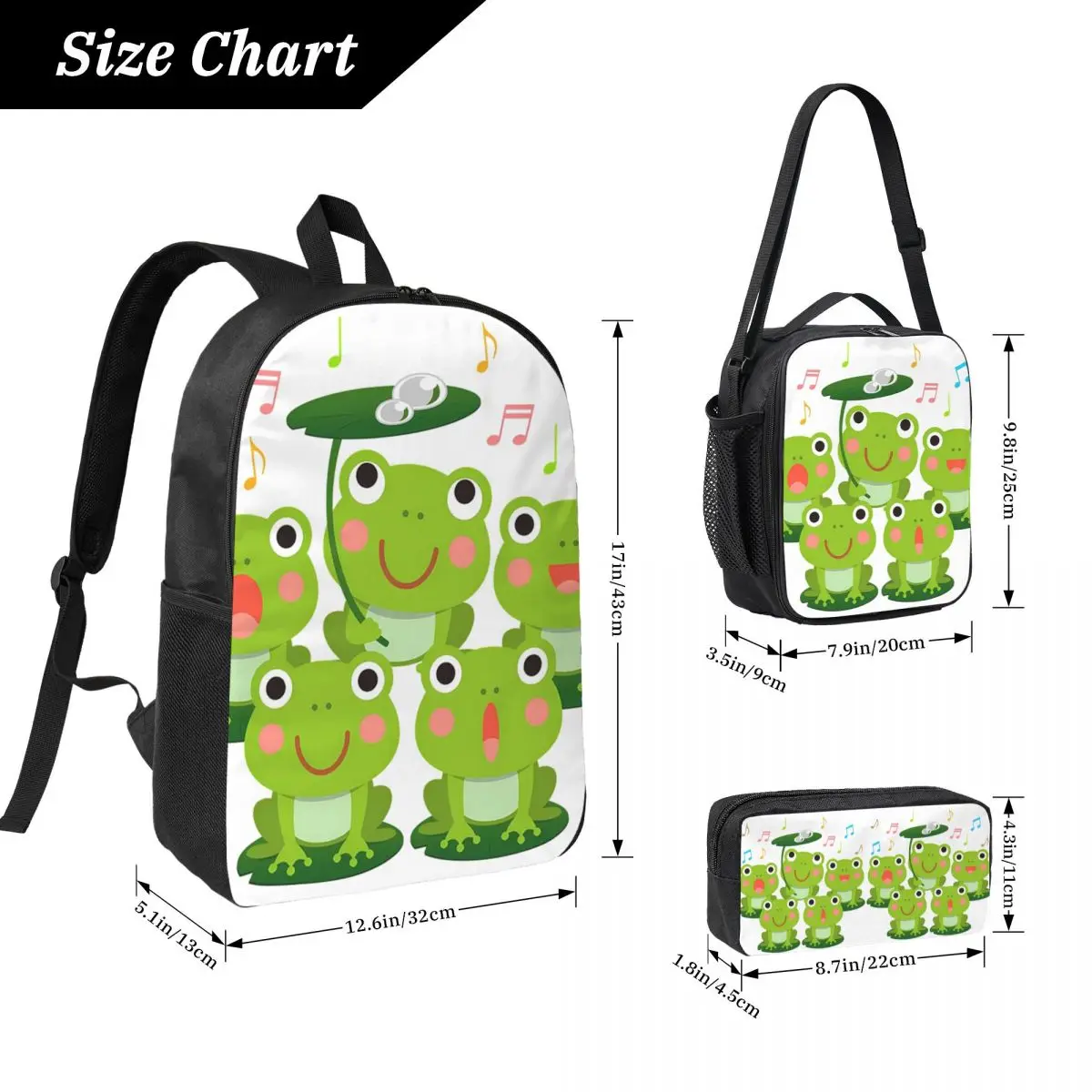 Cartoon Frog Joyful Singing Backpack Boys Girls BookBag School Bag Computer Shoulder Bags 3ps Insulated Lunch Bag Pencil Case