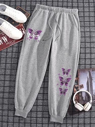Fashion Woman Sweatpants Purple Butterfly Printed Pants Elastic Waist Comfortable Warm Trousers Autumn Winter Female Sportswear