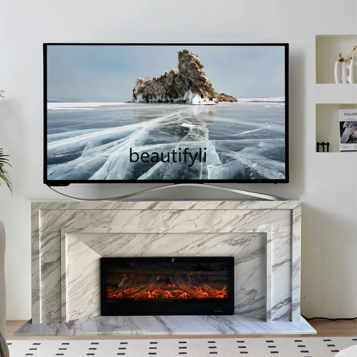 

Marble French TV cabinet fireplace living room light luxury background wall stone carving